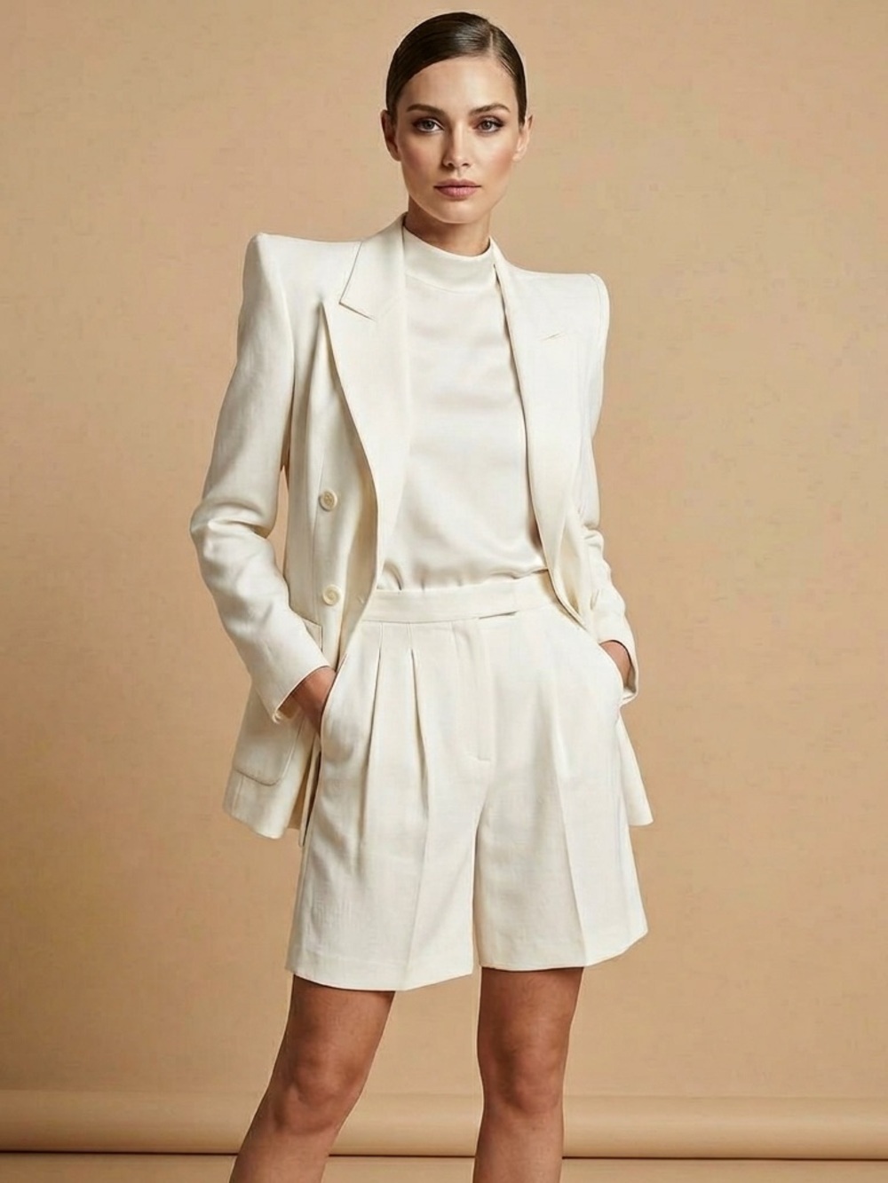 Custom Tailored Bone Double-Breasted Blazer & Shorts Ensemble Vintage